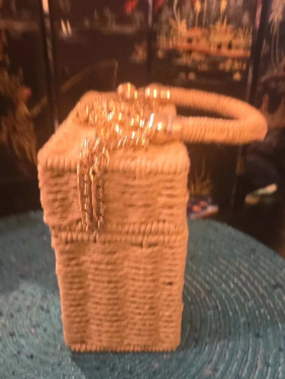 Woven Straw Box Bag with Gold Chain - Tan